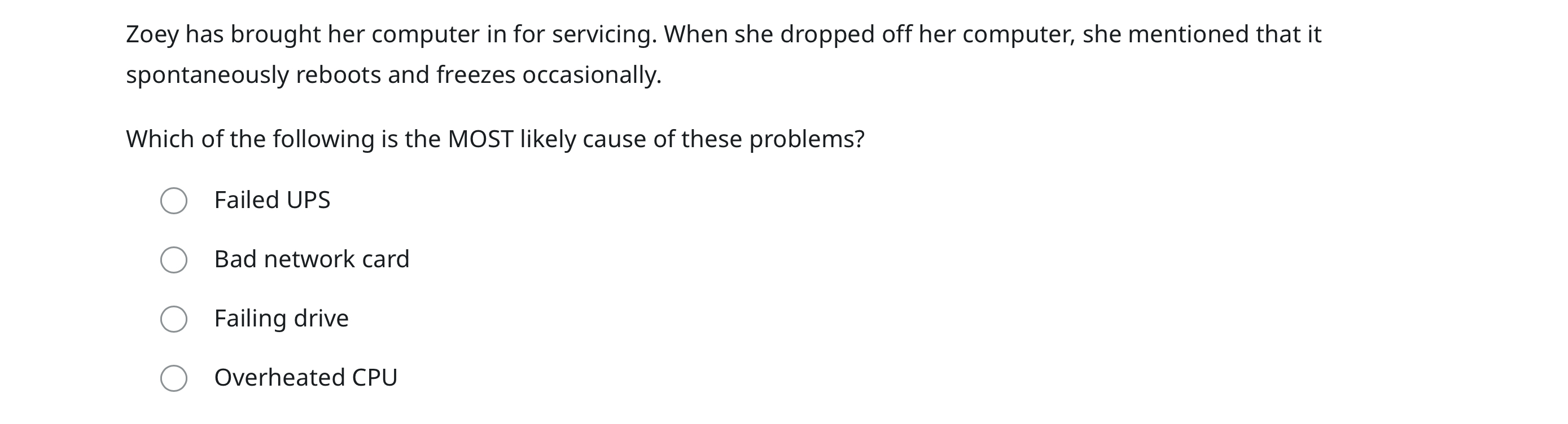 Zoey has brought her computer in for servicing.