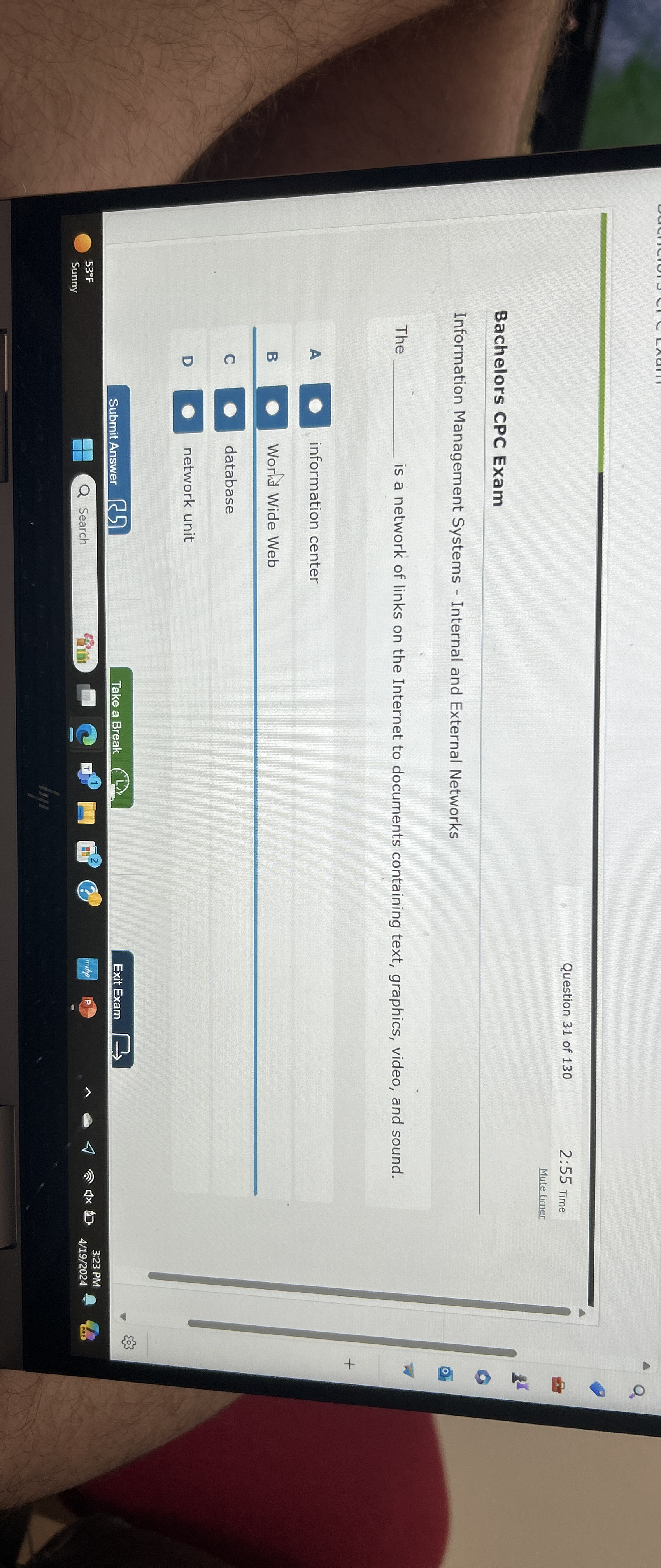 Question 3 1 of 1 3 0 2 : 5 5 Time Mute timer