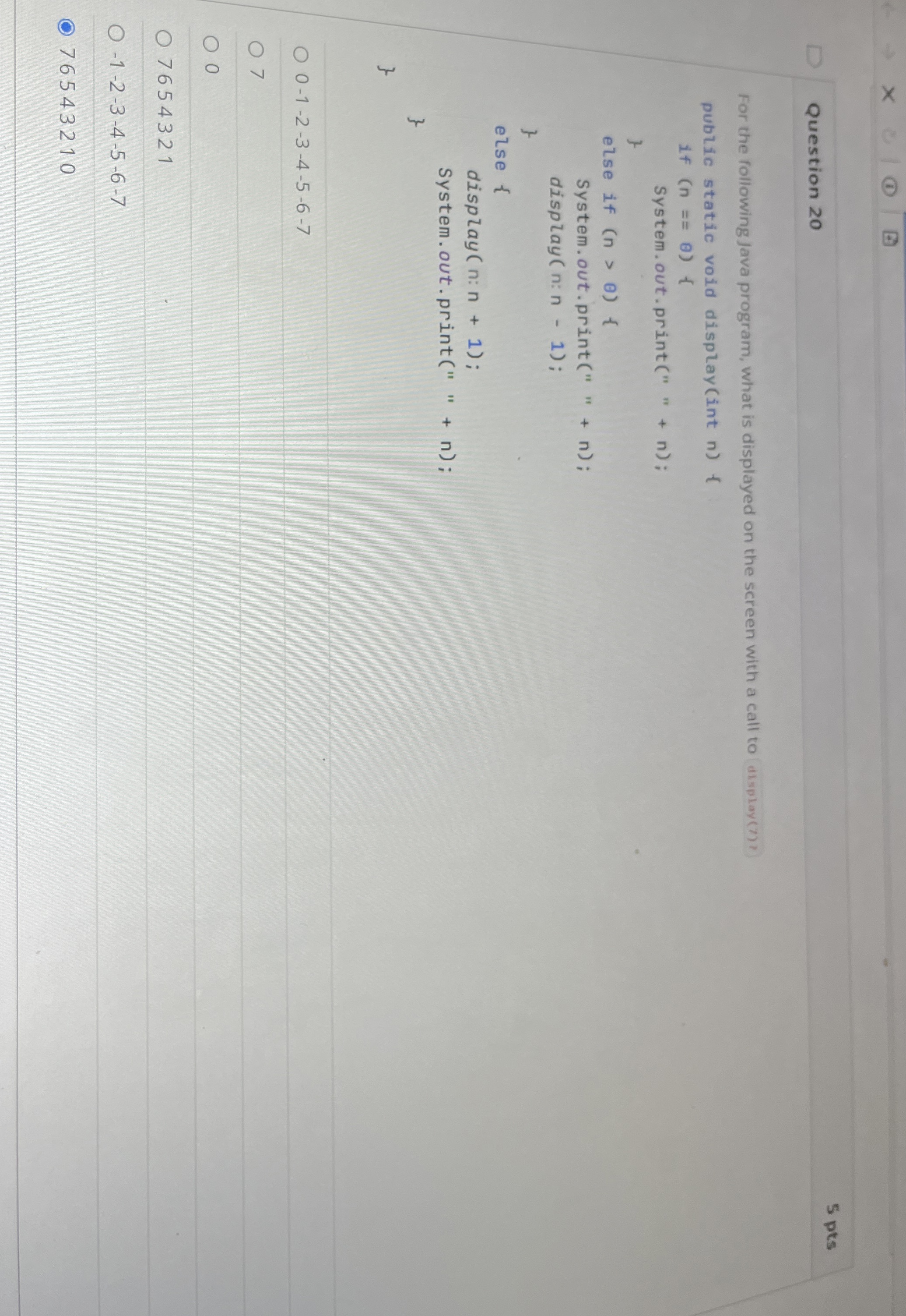Question 2 0 5 pts For the following Java