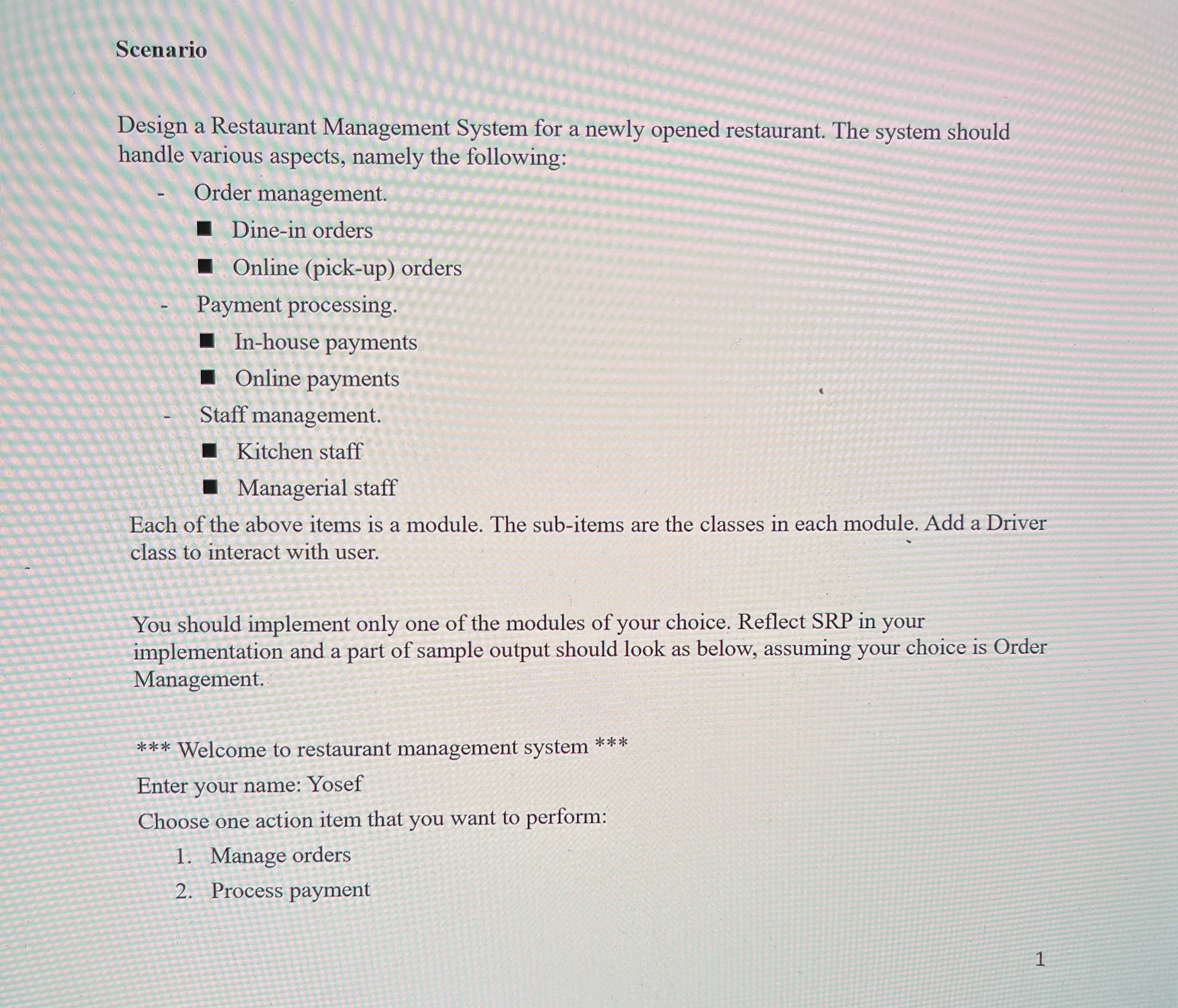 Scenario Design a Restaurant Management System