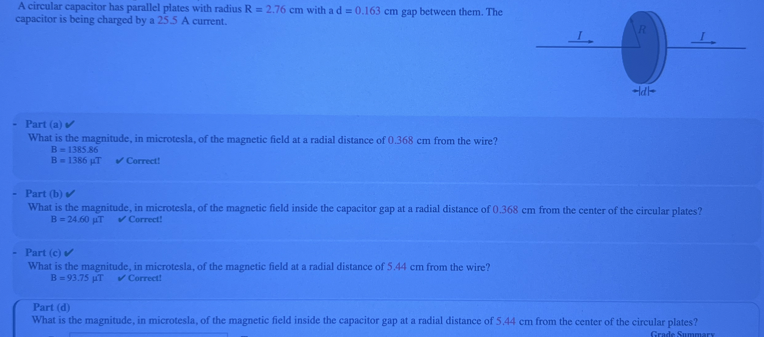 A circular capacitor has parallel plates with