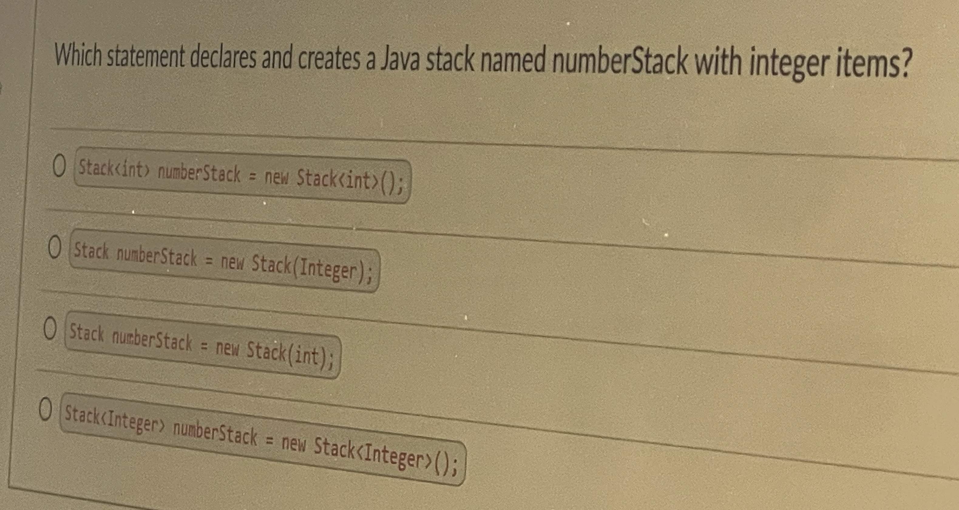 Which statement declares and creates a Java stack