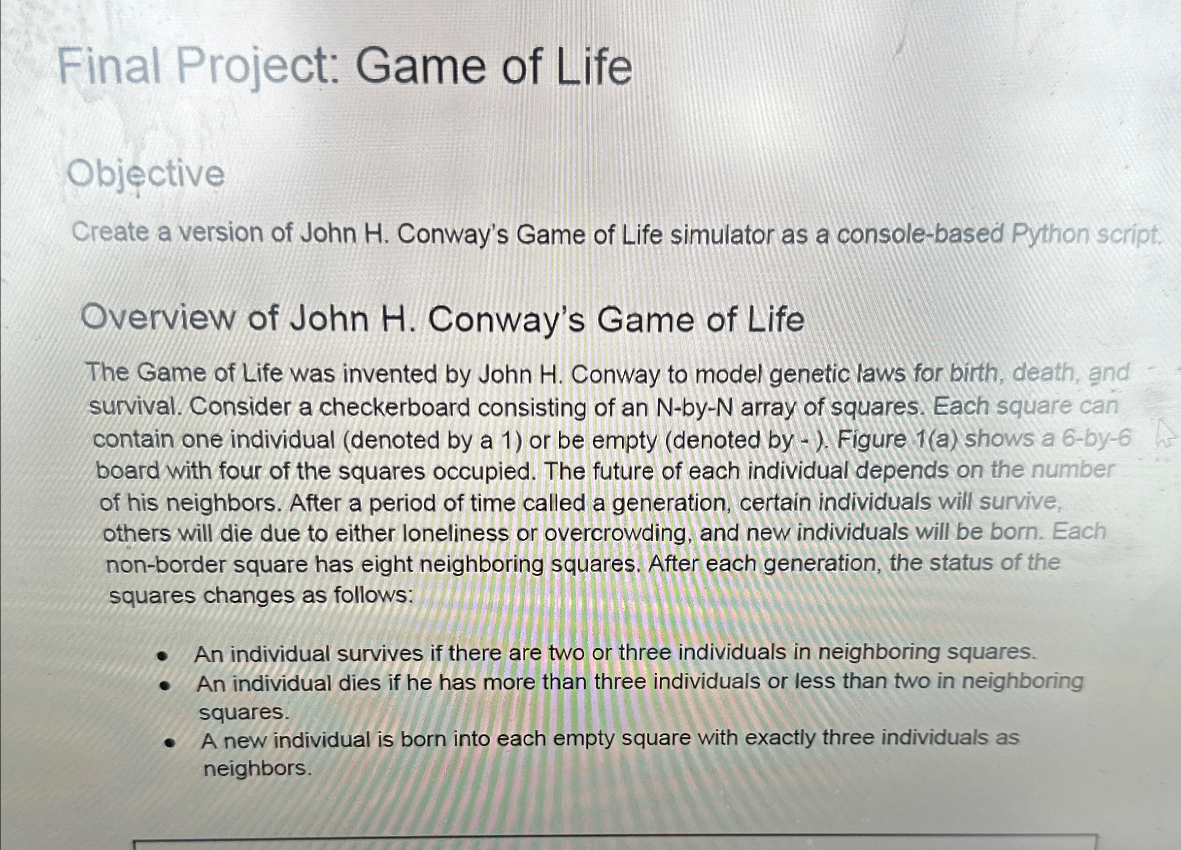 Final Project: Game of Life bj ctive Create a