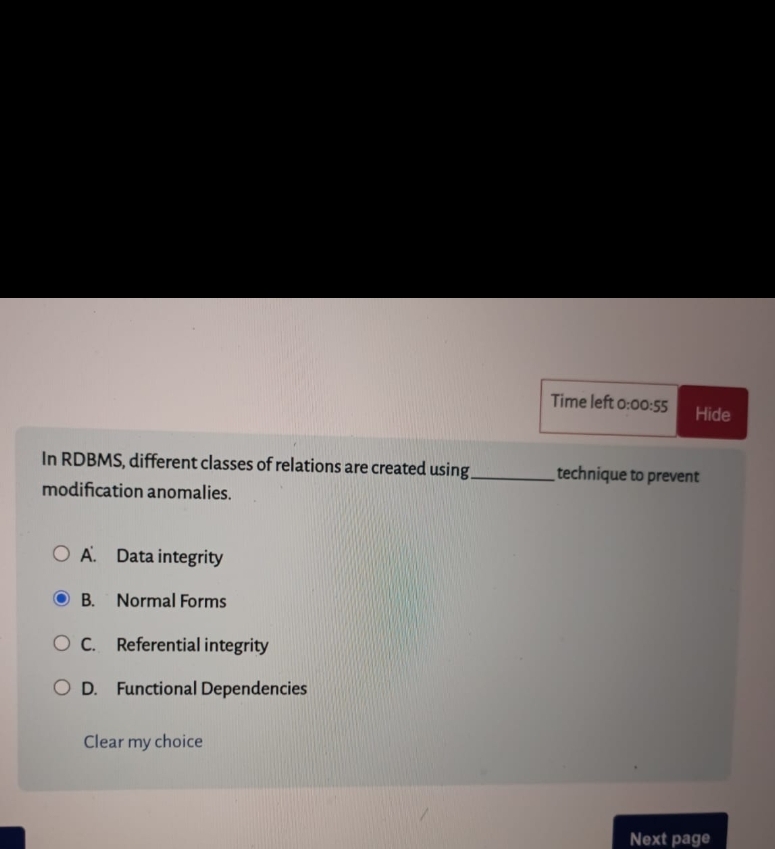 Time left 0 : 0 0 : 5 5 In RDBMS , different