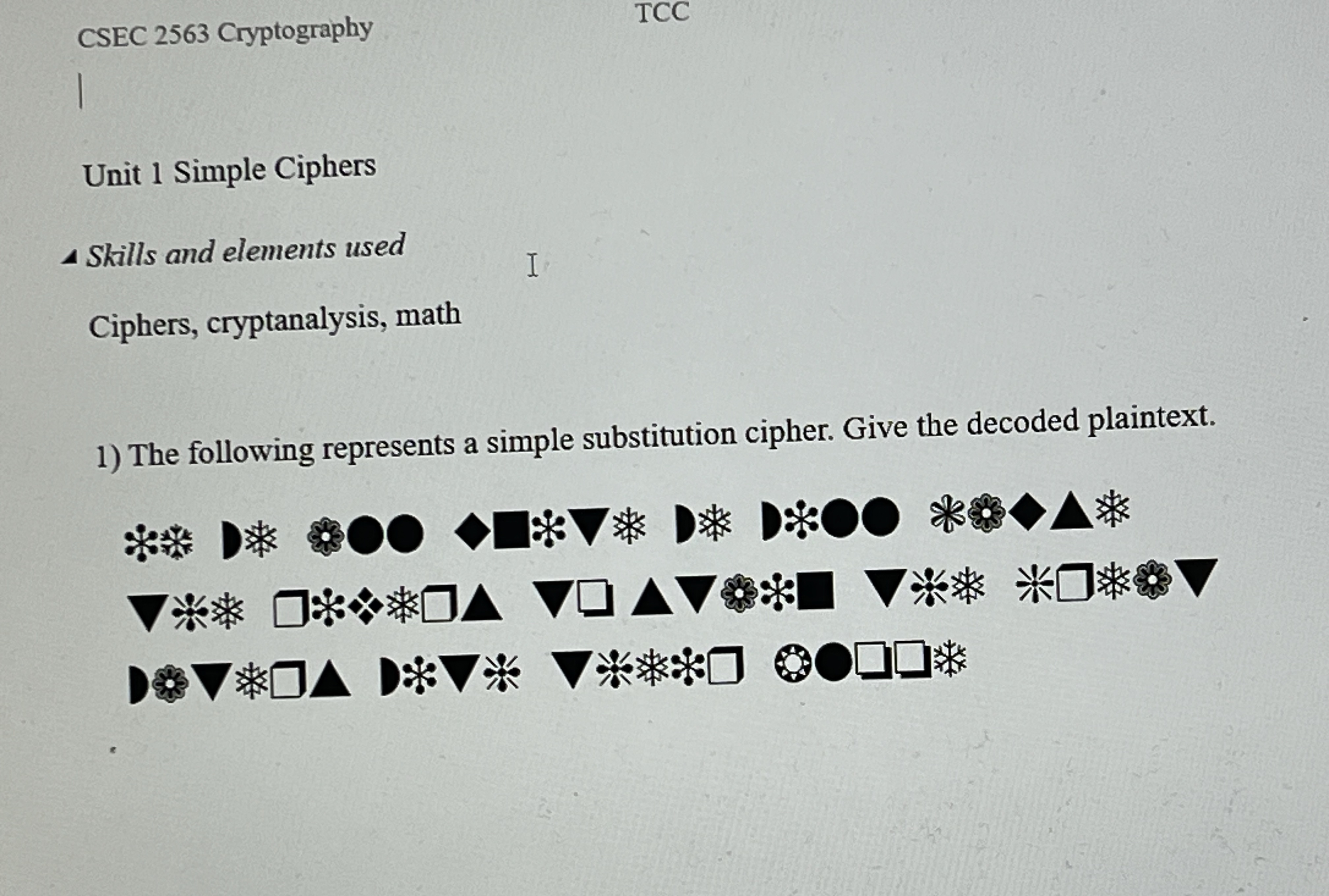 CSEC 2 5 6 3 Cryptography TCC Unit 1 Simple