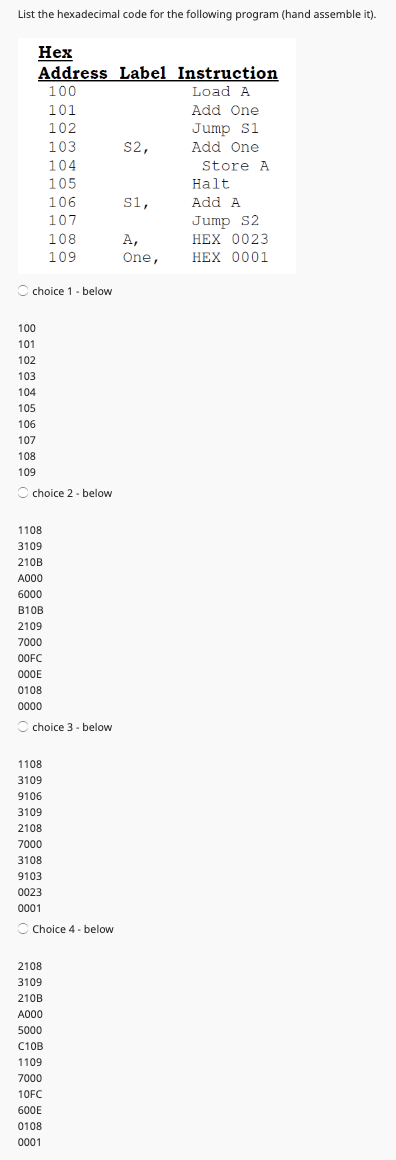 Hex Address Label Instruction 1 0 1 Add One 1 0 2