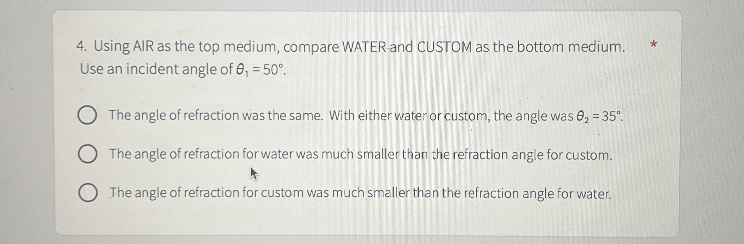 Using AIR as the top medium, compare WATER and