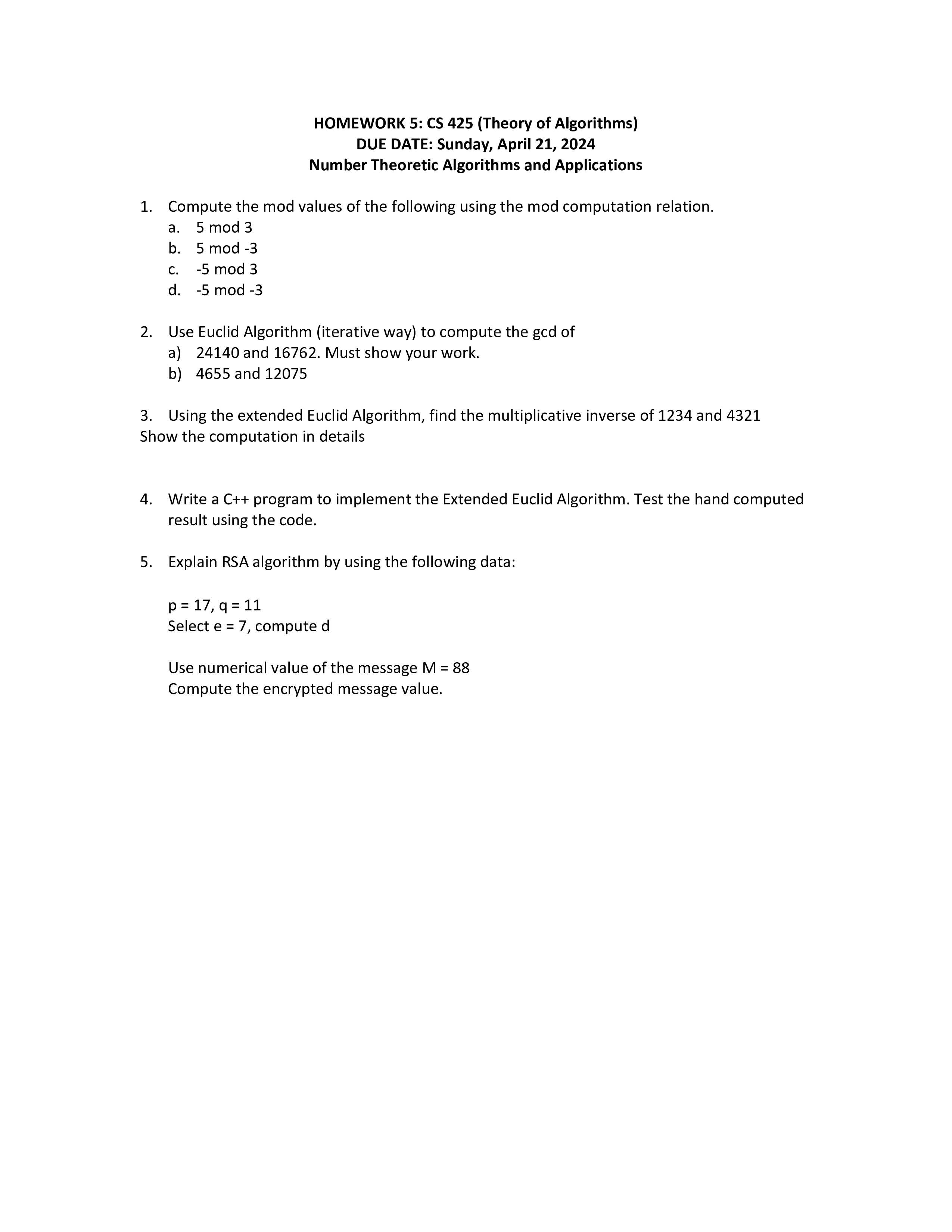 Compute the mod values of the following using the