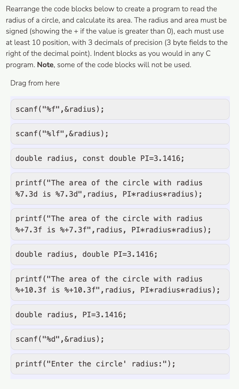 Rearrange the code blocks below to create a
