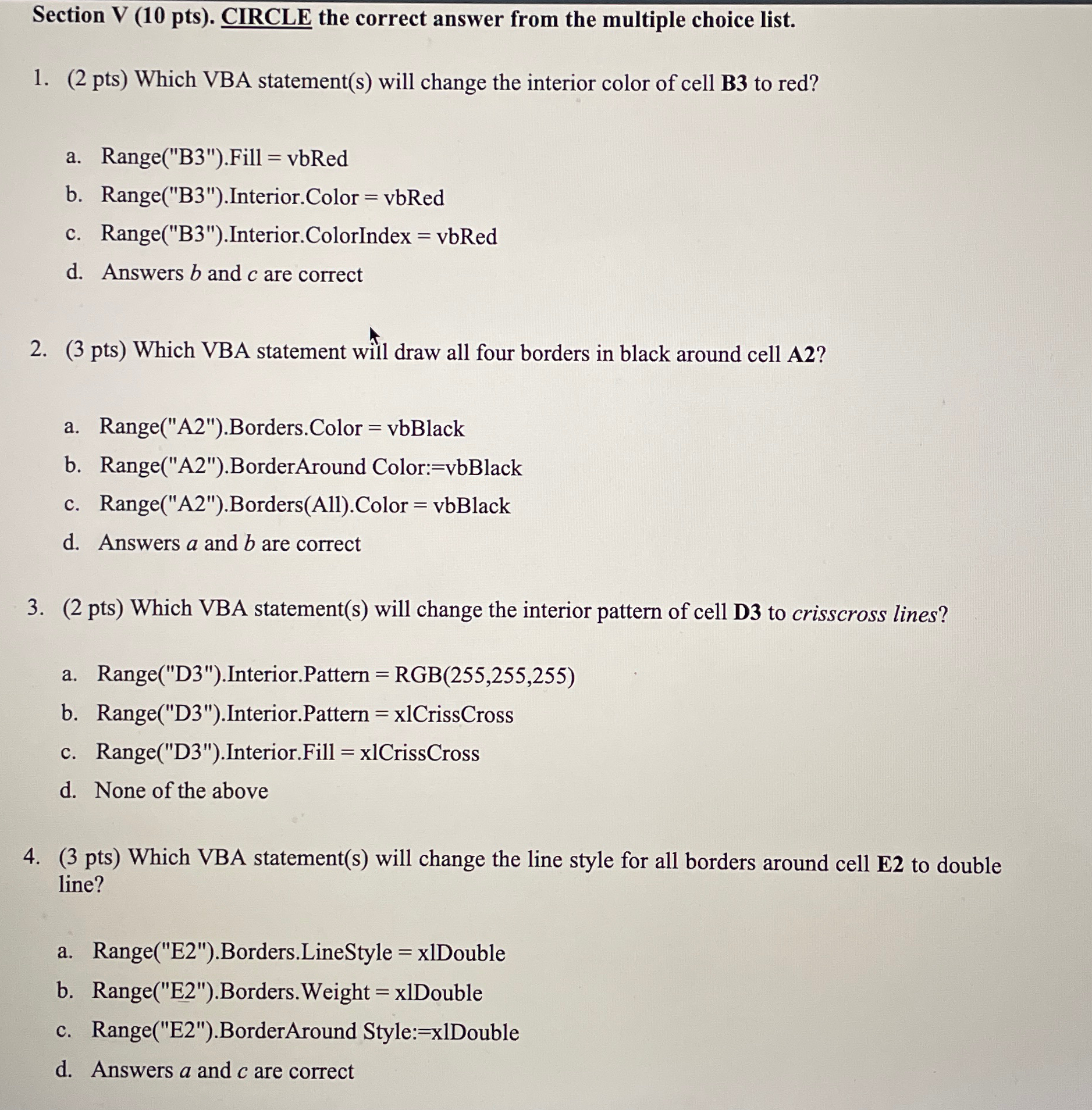 Section V ( 1 0 pts ) . CIRCLE the correct answer