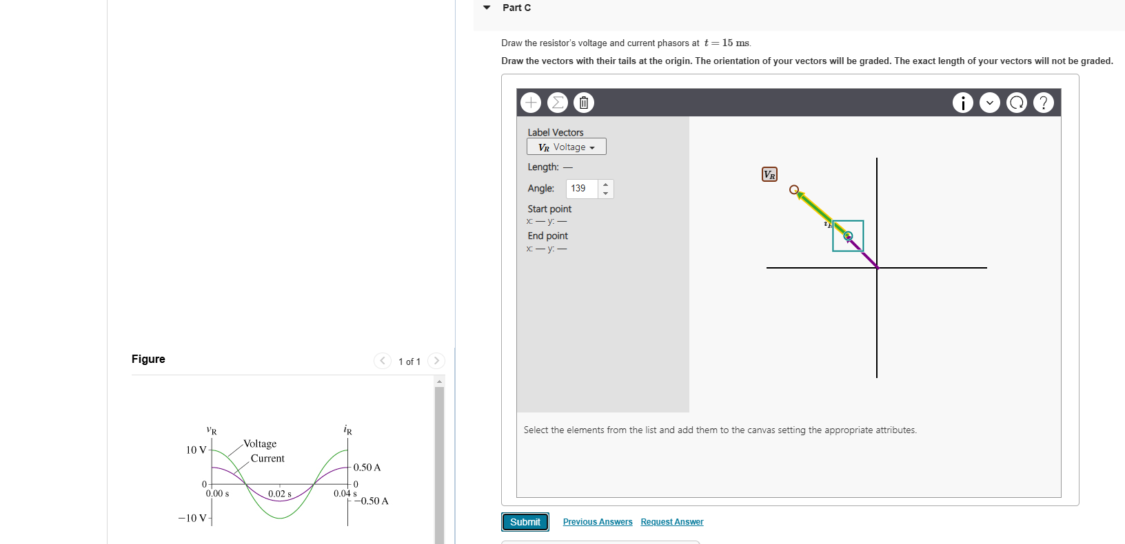 Part C Draw the resistor's voltage and current