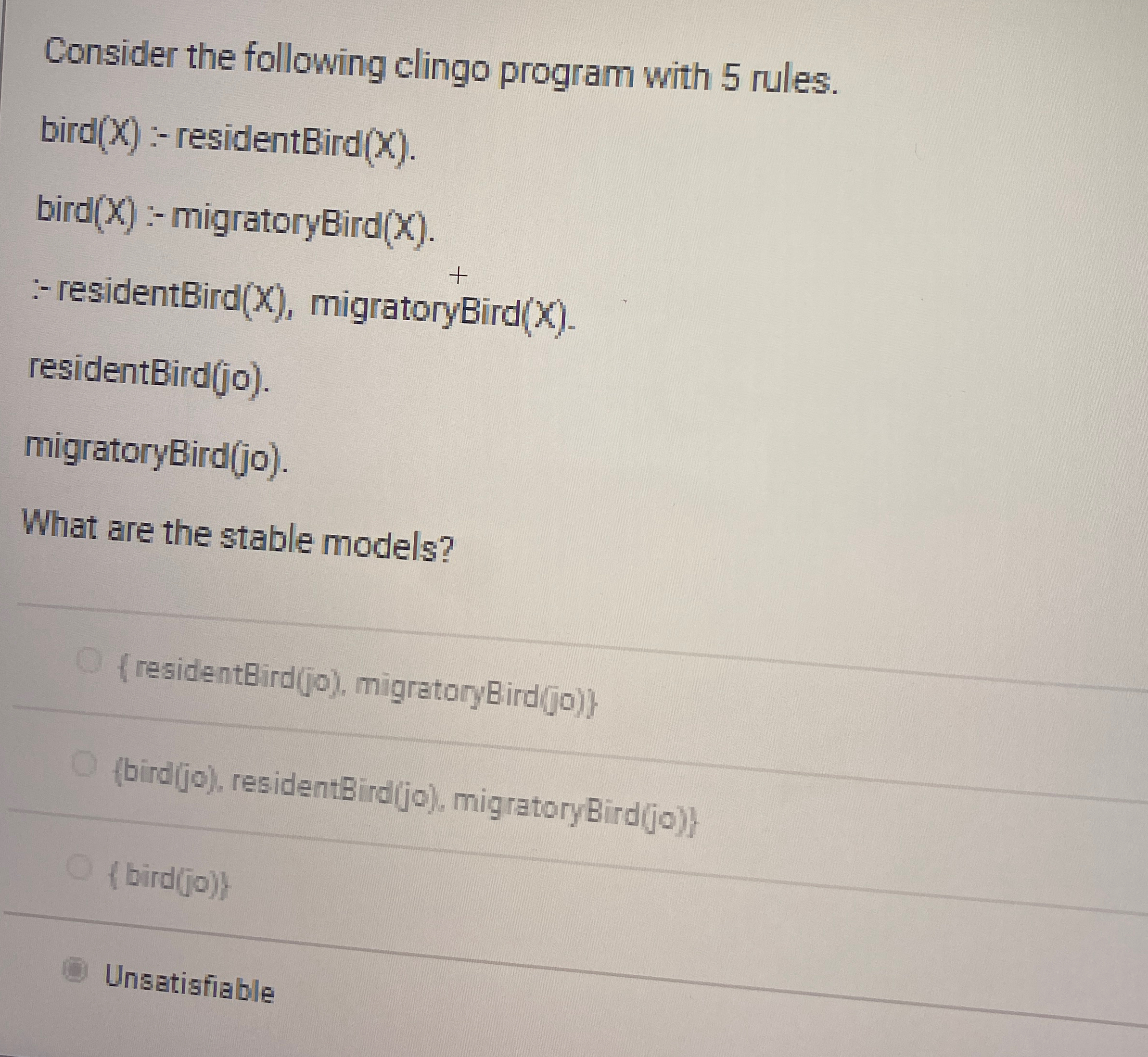 Consider the following clingo program with 5