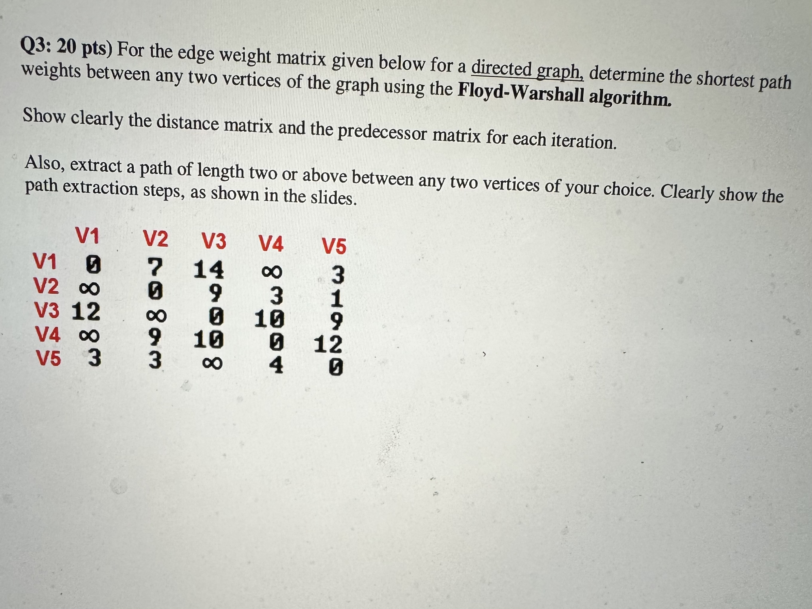Q 3 : 2 0 pts ) For the edge weight matrix given