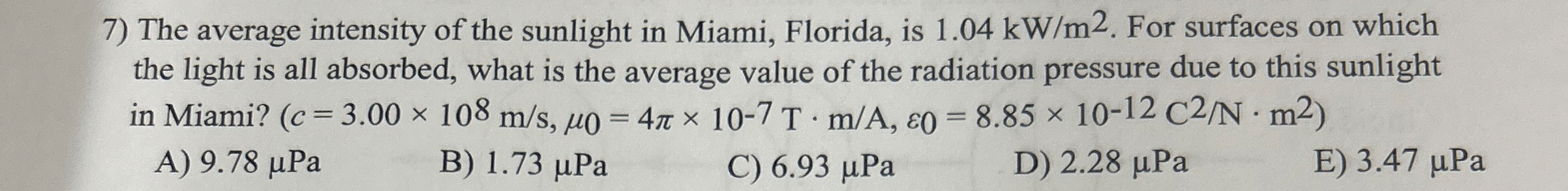 The average intensity of the sunlight in Miami,