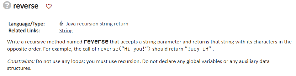 reverse Write a recursive method named reverse