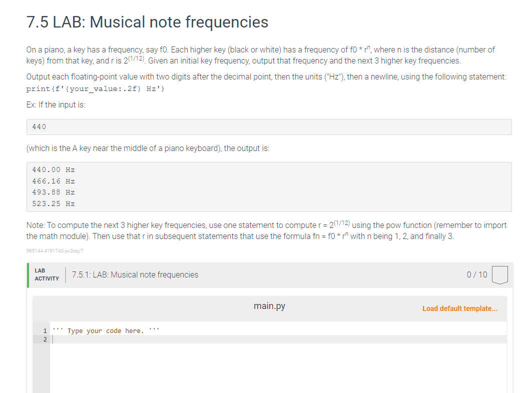 7 . 5 LAB: Musical note frequencies On a piano, a