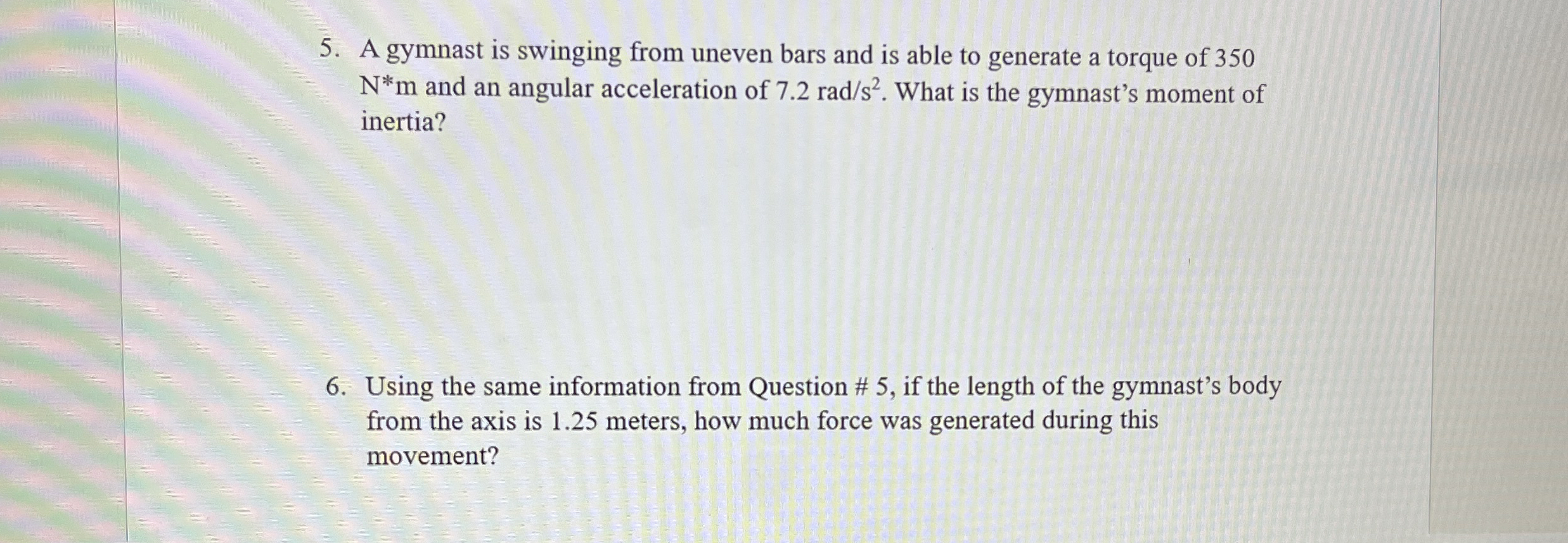 A gymnast is swinging from uneven bars and is