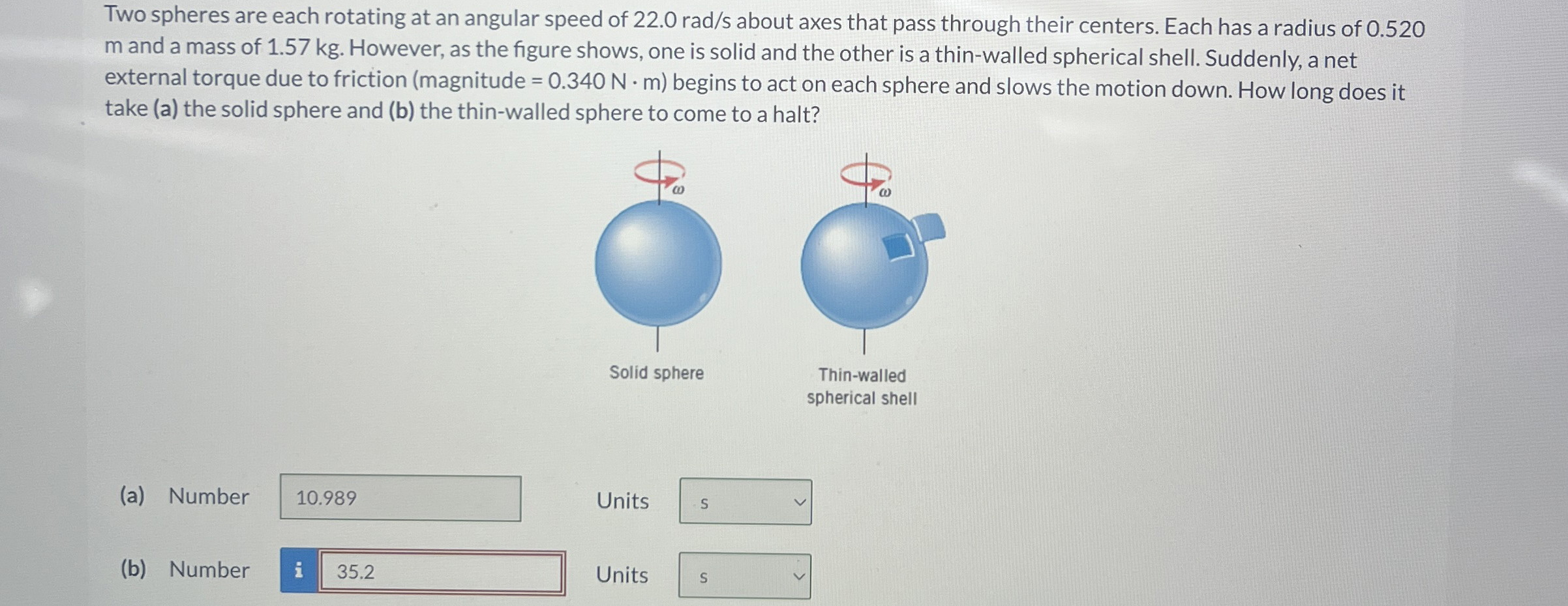 Two spheres are each rotating at an angular speed