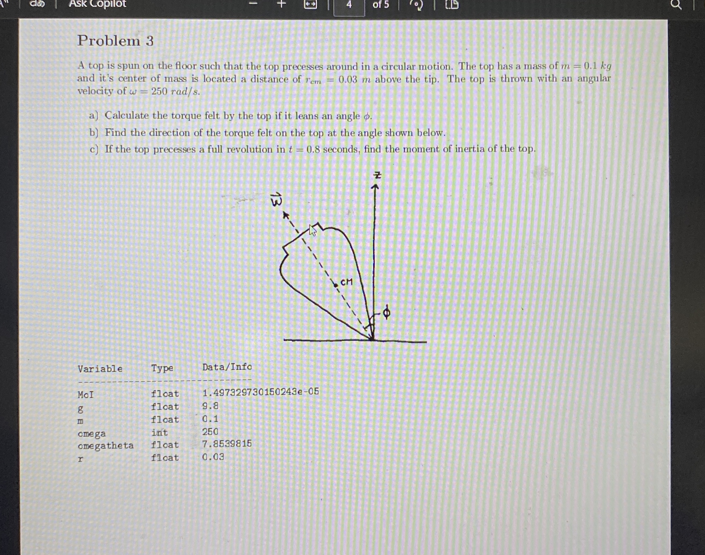 Ask Copilot 4 of 5 Problem 3 A top is spun on the