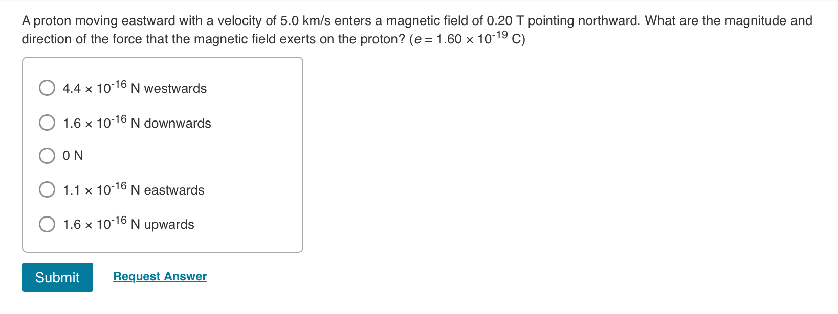 A proton moving eastward with a velocity of 5 . 0
