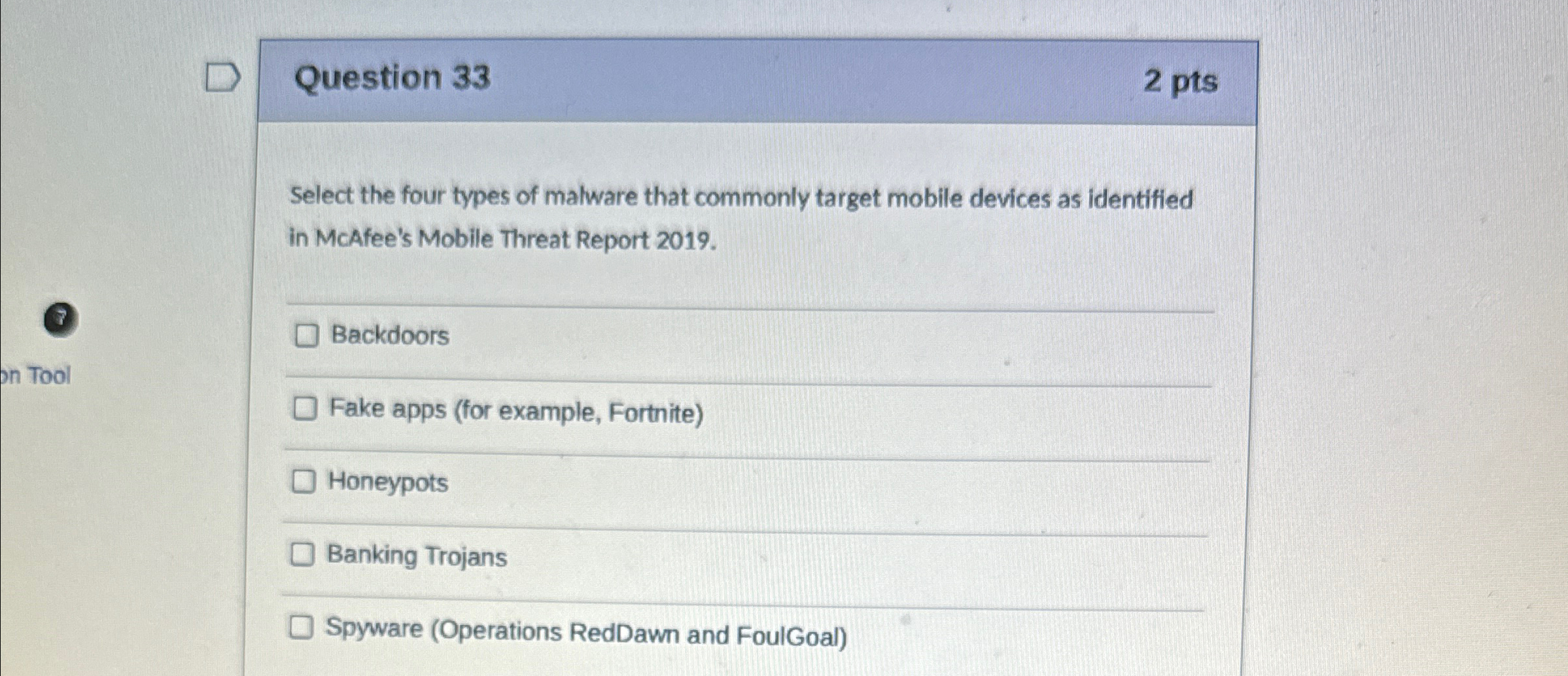 Question 3 3 2 p t s Select the four types of
