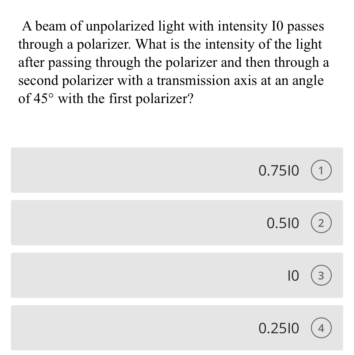 A beam of unpolarized light with intensity I 0