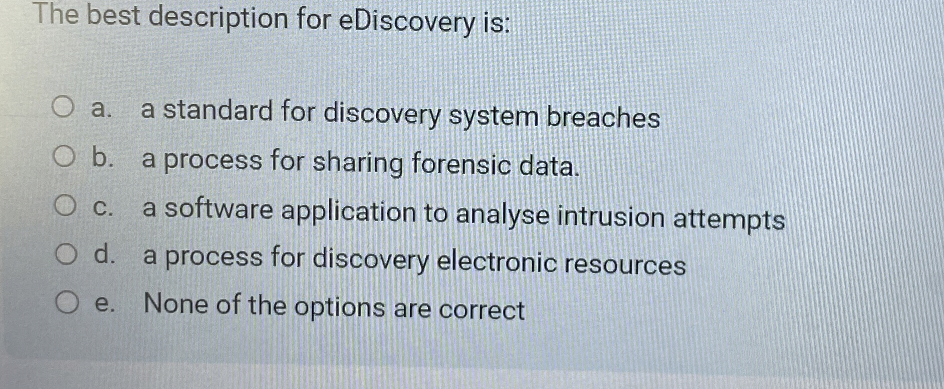 The best description for eDiscovery is: a . a