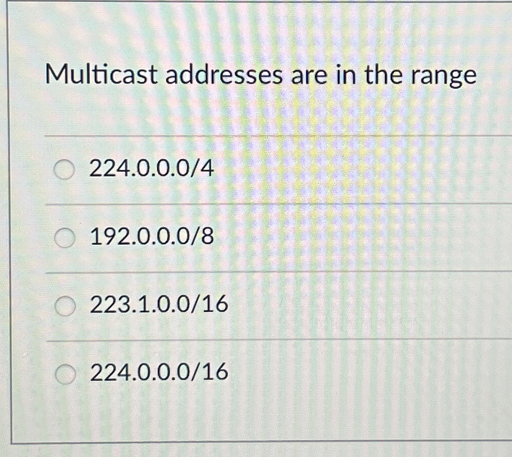 Multicast addresses are in the range 2 2 4 . 0 .