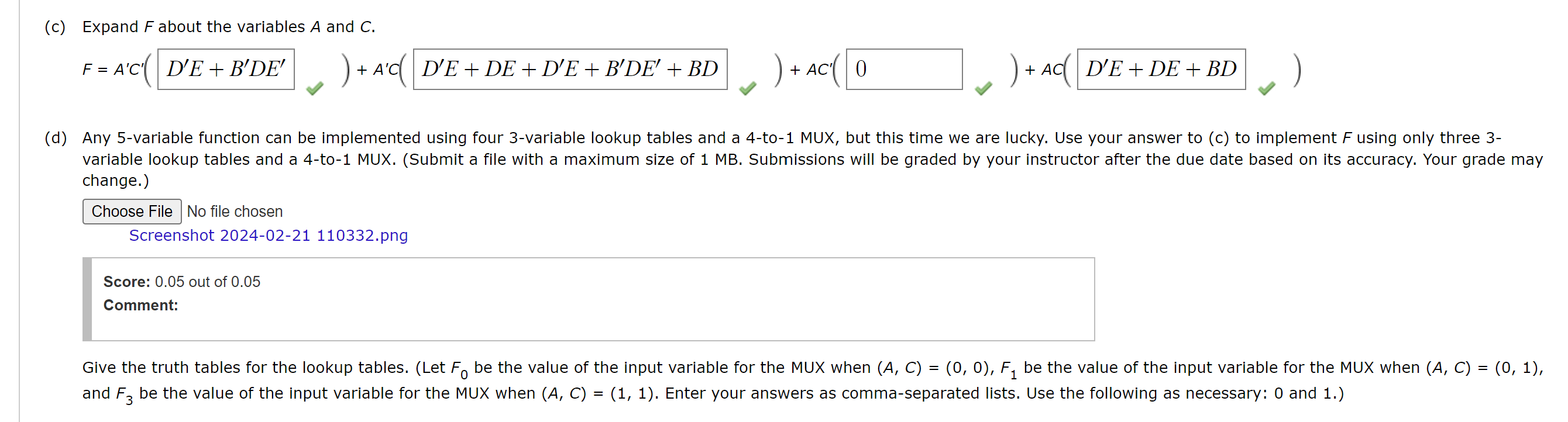 ( c ) Expand F about the variables A and C . { :