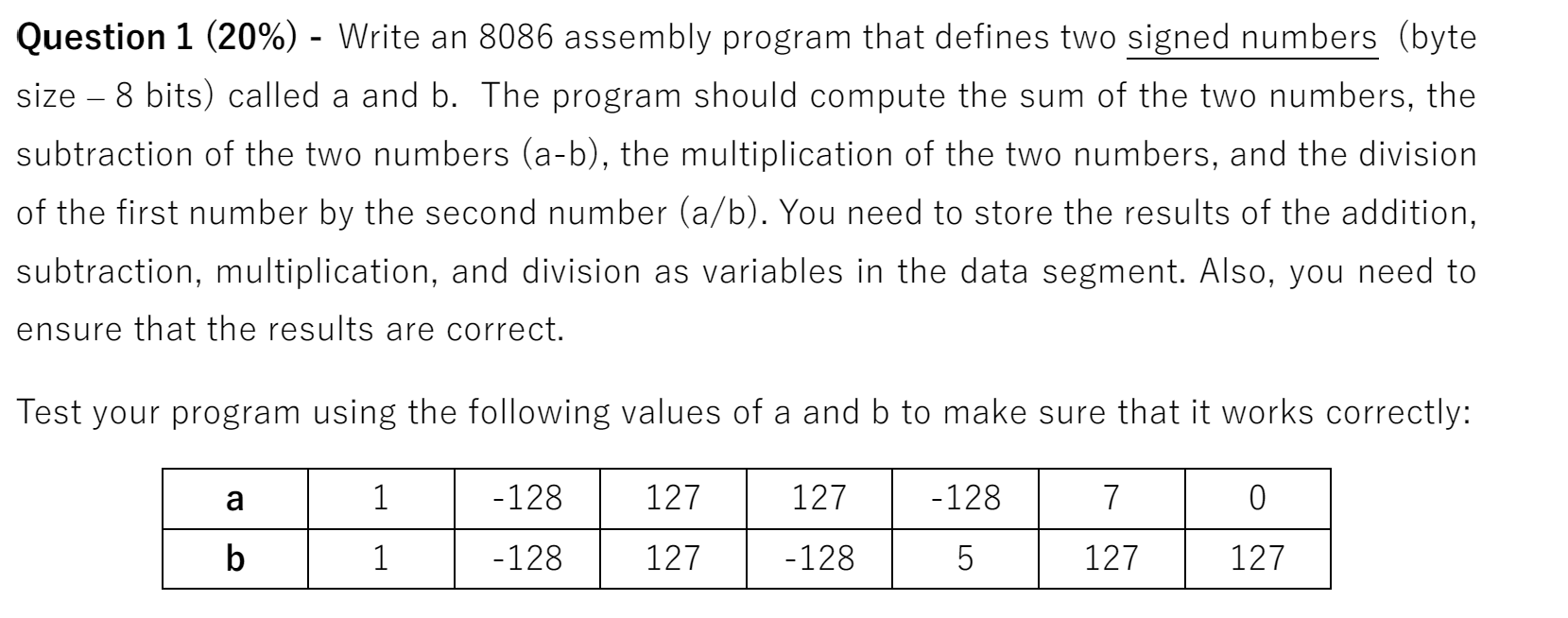 Question 1 ( 2 0 % ) - Write an 8 0 8 6 assembly
