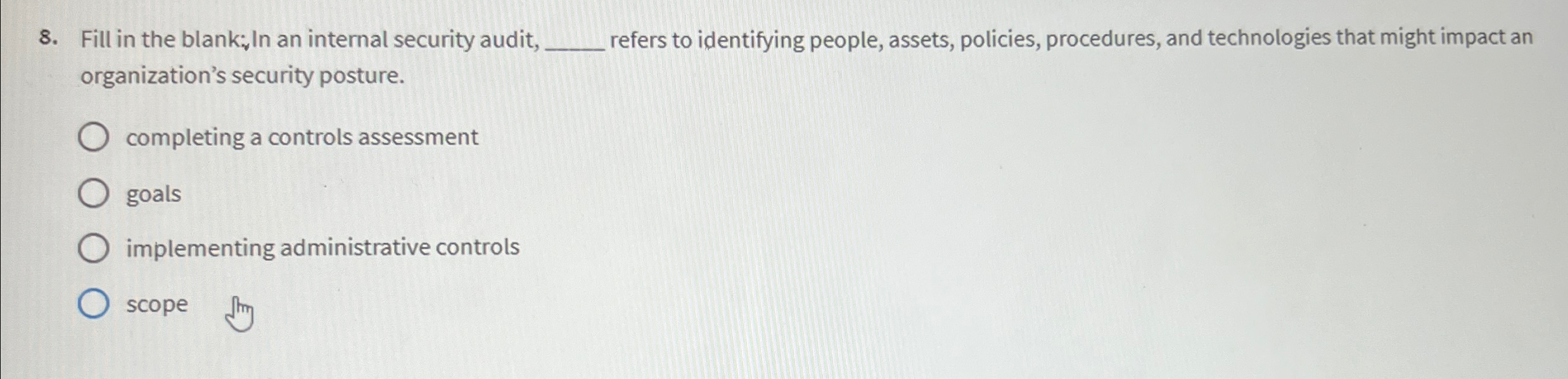 Fill in the blank: In an internal security audit,