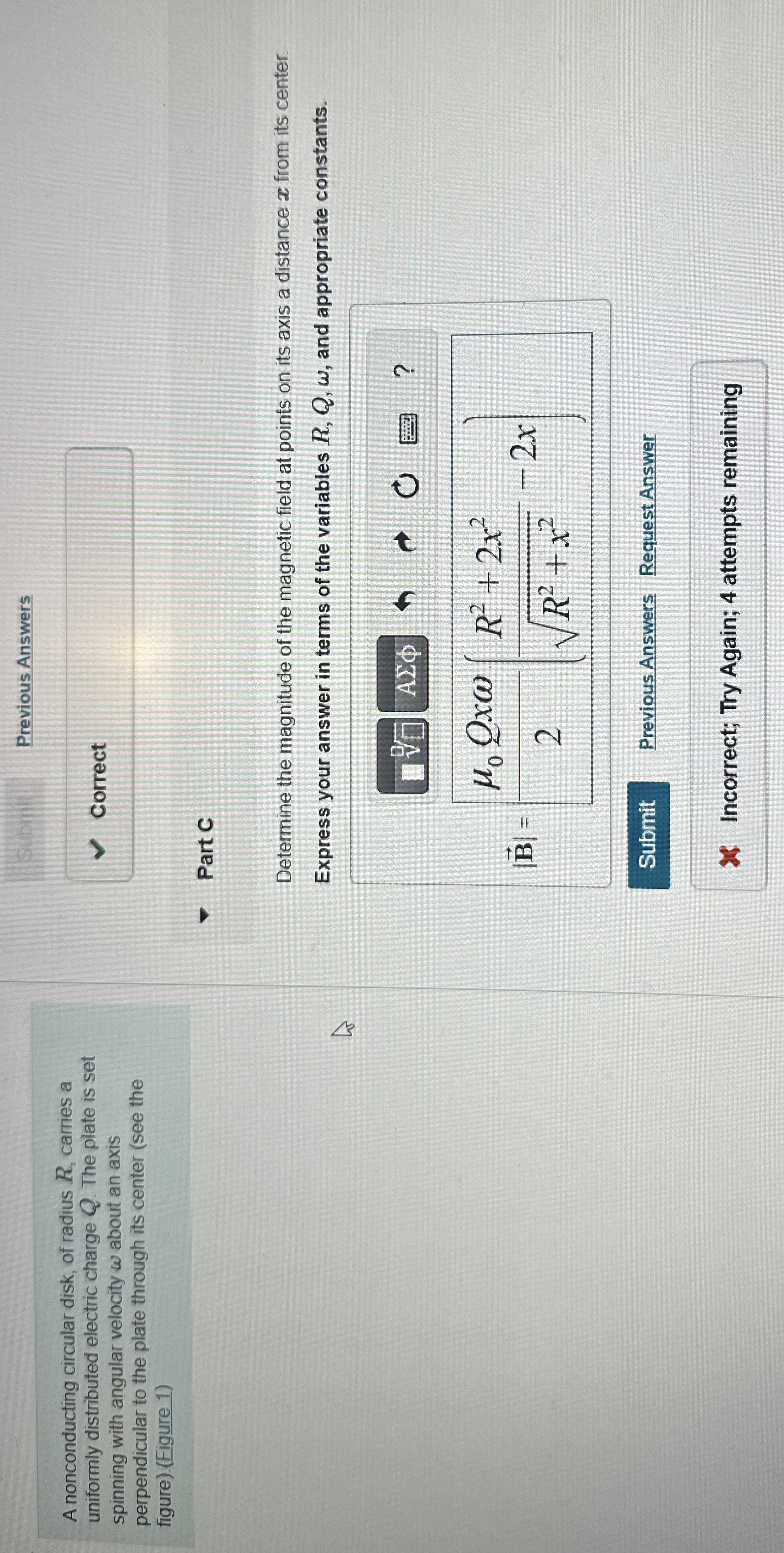 Previous Answers A nonconducting circular disk,