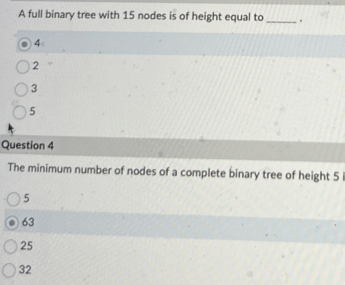 A full binary tree with 1 5 nodes is of height