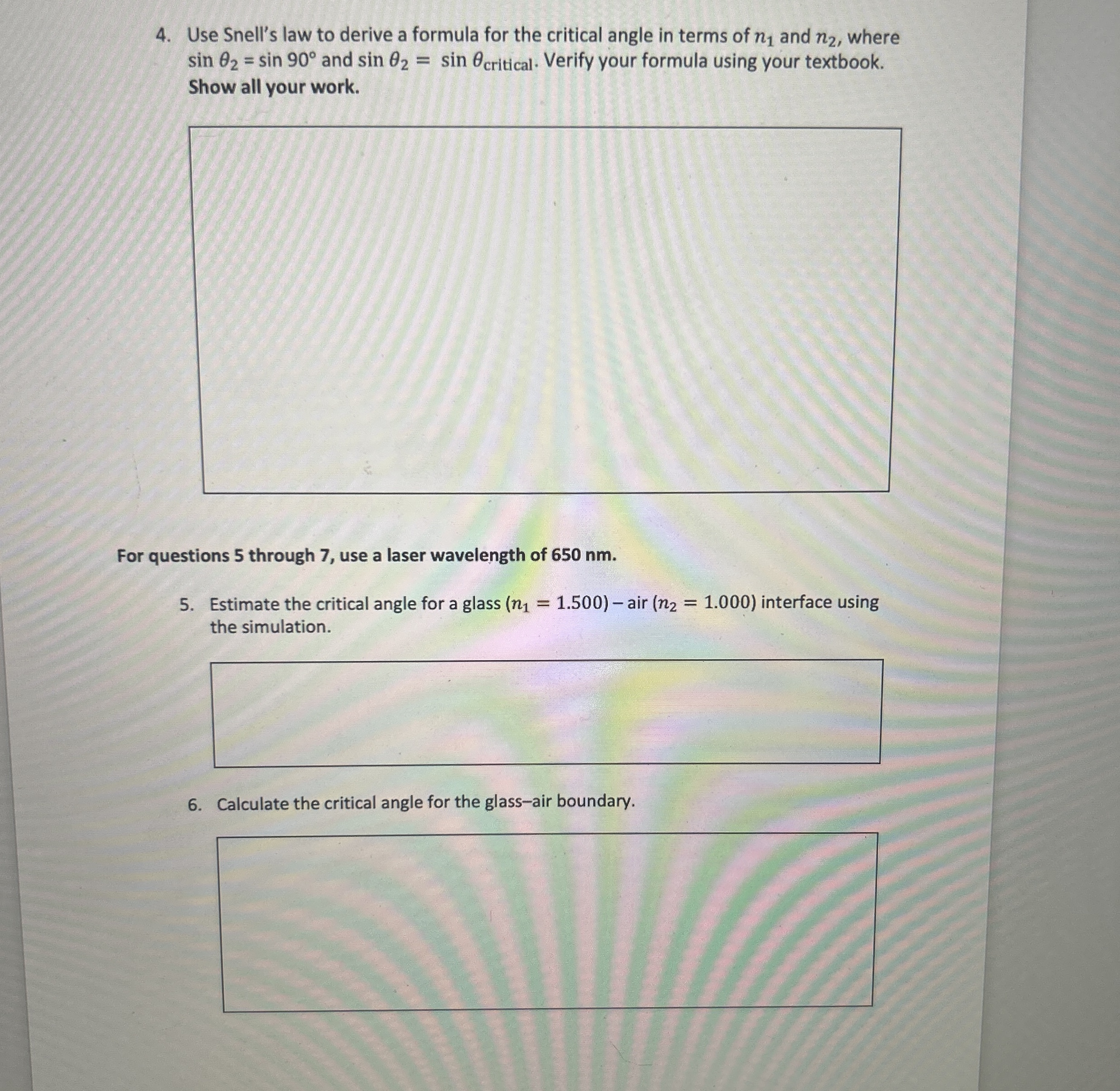 Use Snell's law to derive a formula for the