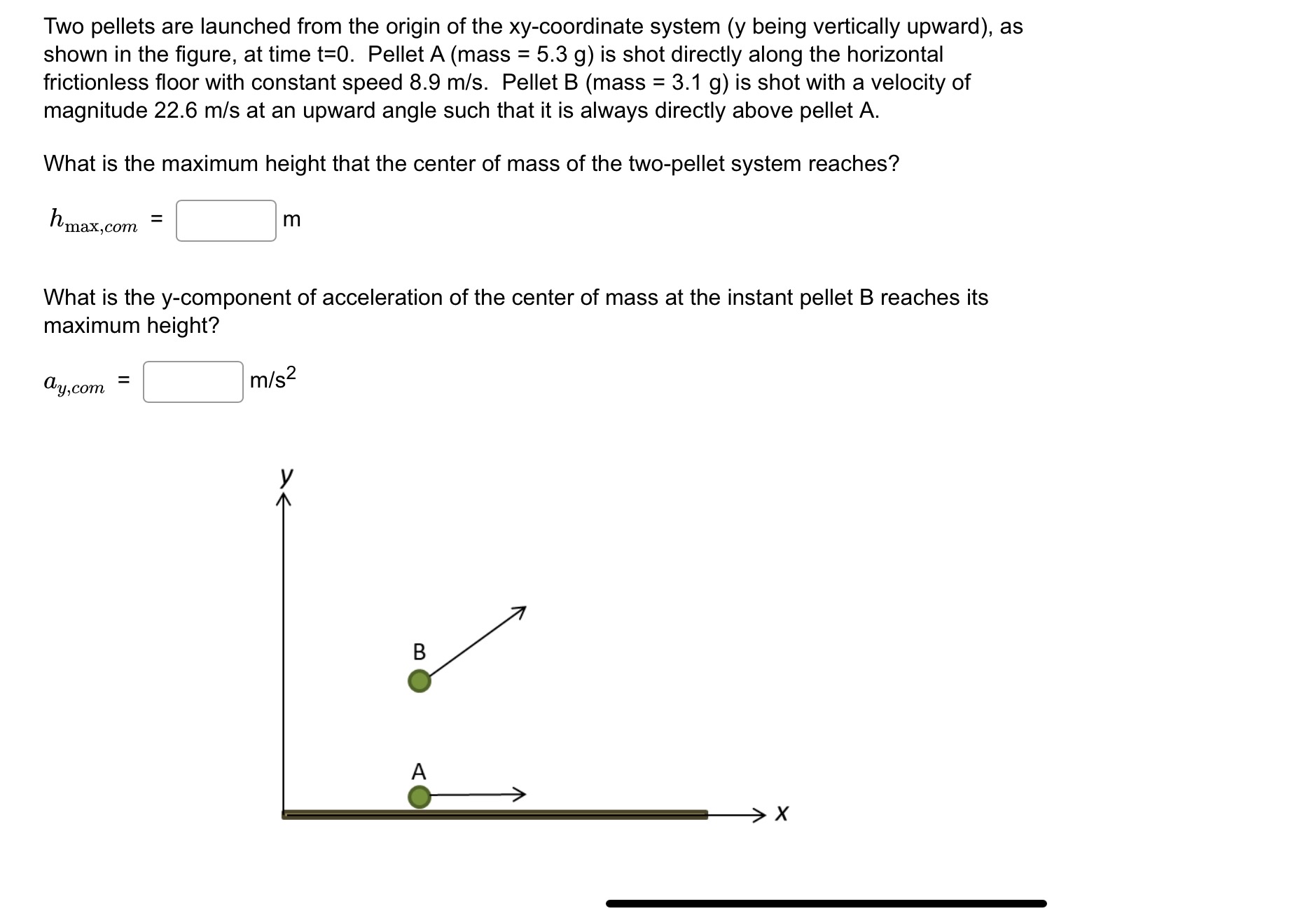 Two pellets are launched from the origin of the