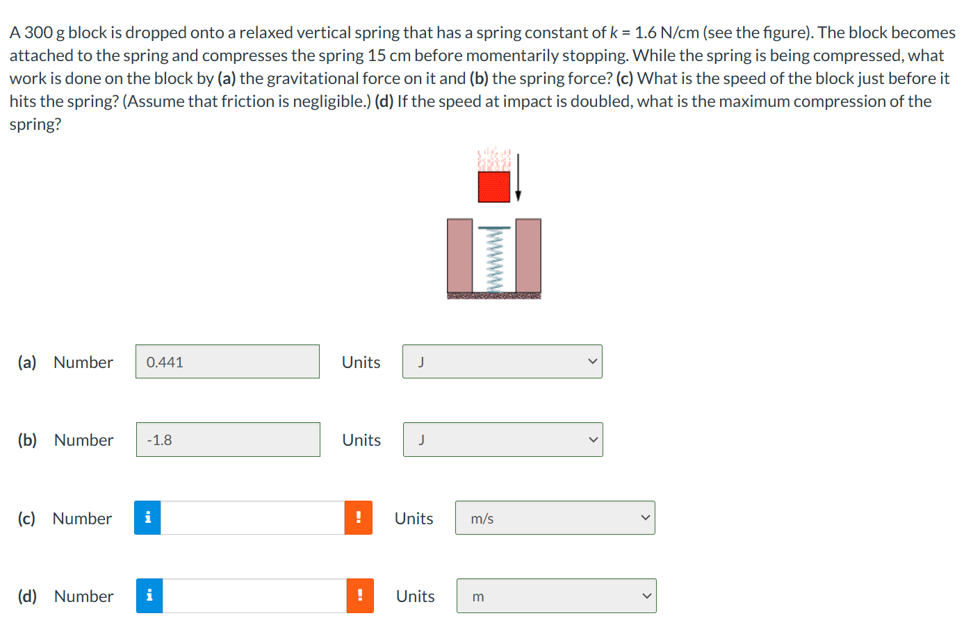 A 3 0 0 g block is dropped onto a relaxed