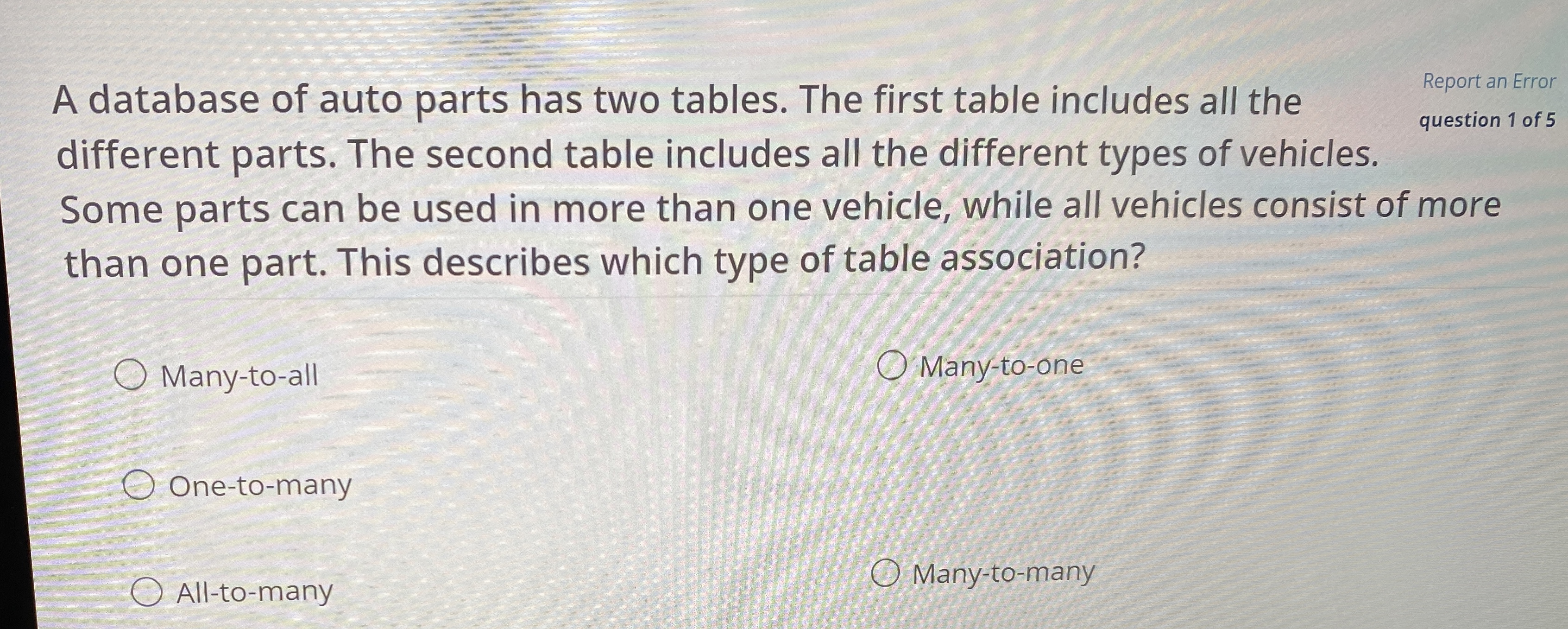 A database of auto parts has two tables. The