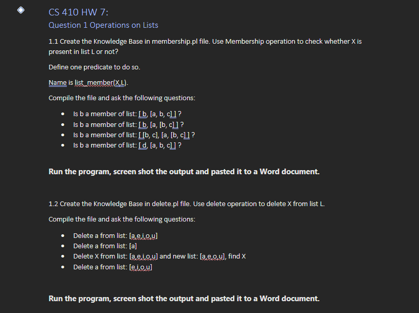 CS 4 1 0 HW 7 : Question 1 Operations on Lists 1