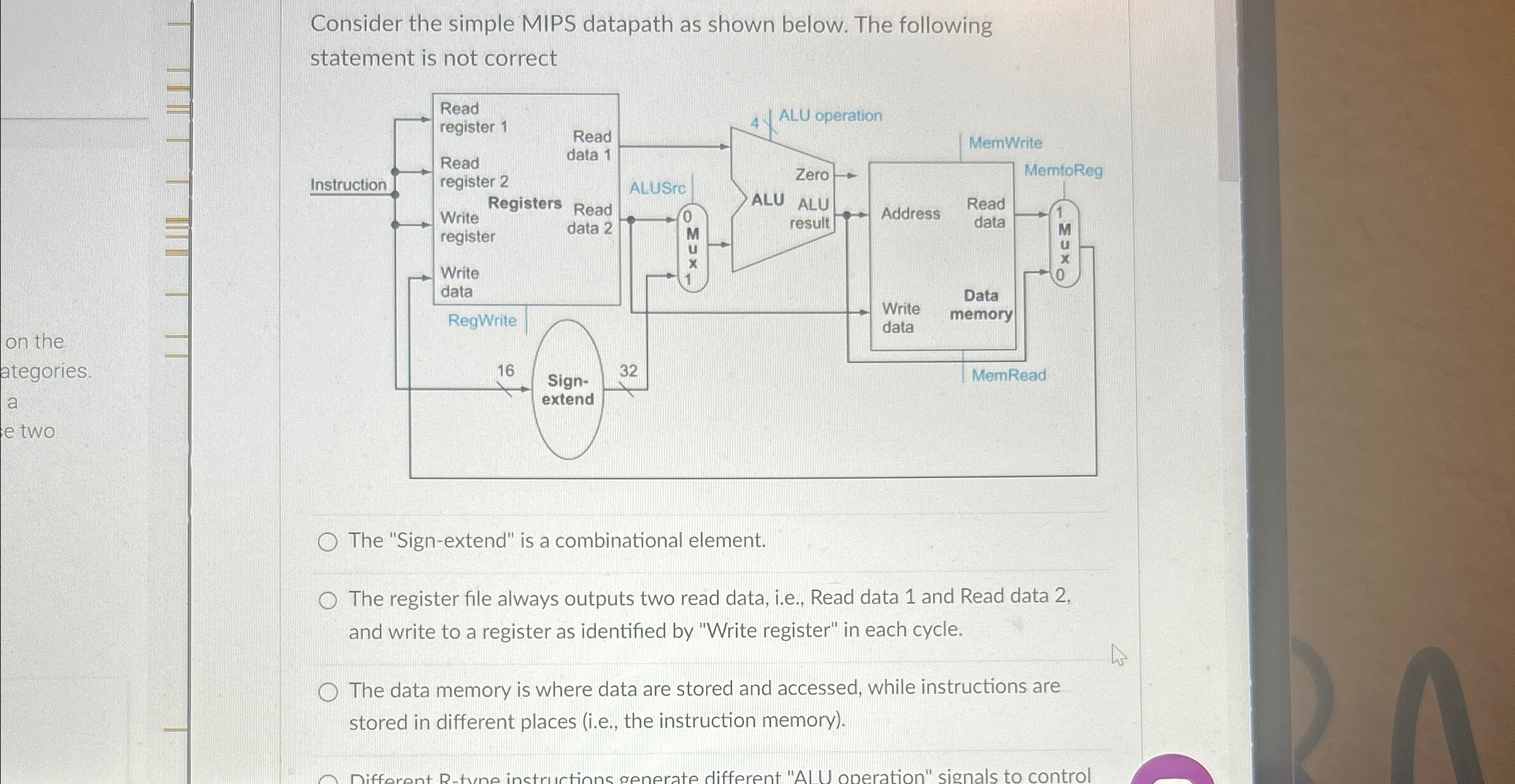 Consider the simple MIPS datapath as shown below.