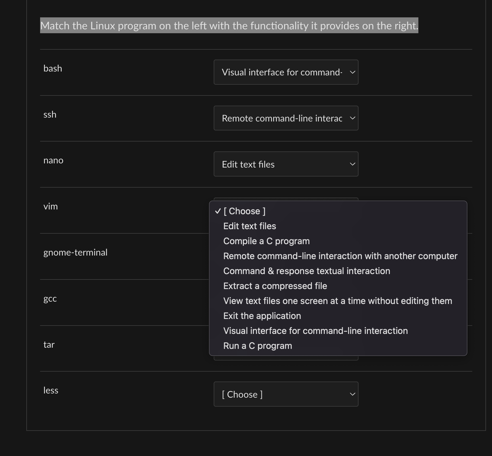 Match the Linux program on the left with the