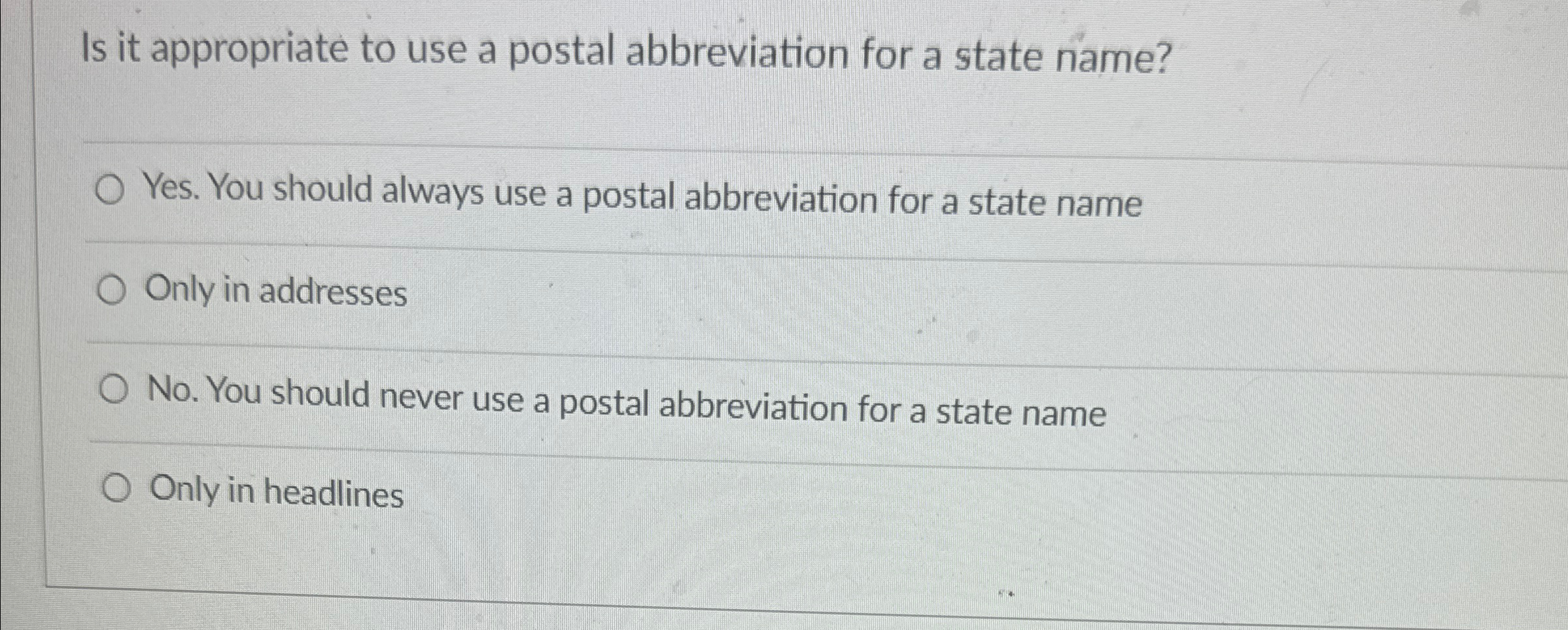 Is it appropriate to use a postal abbreviation