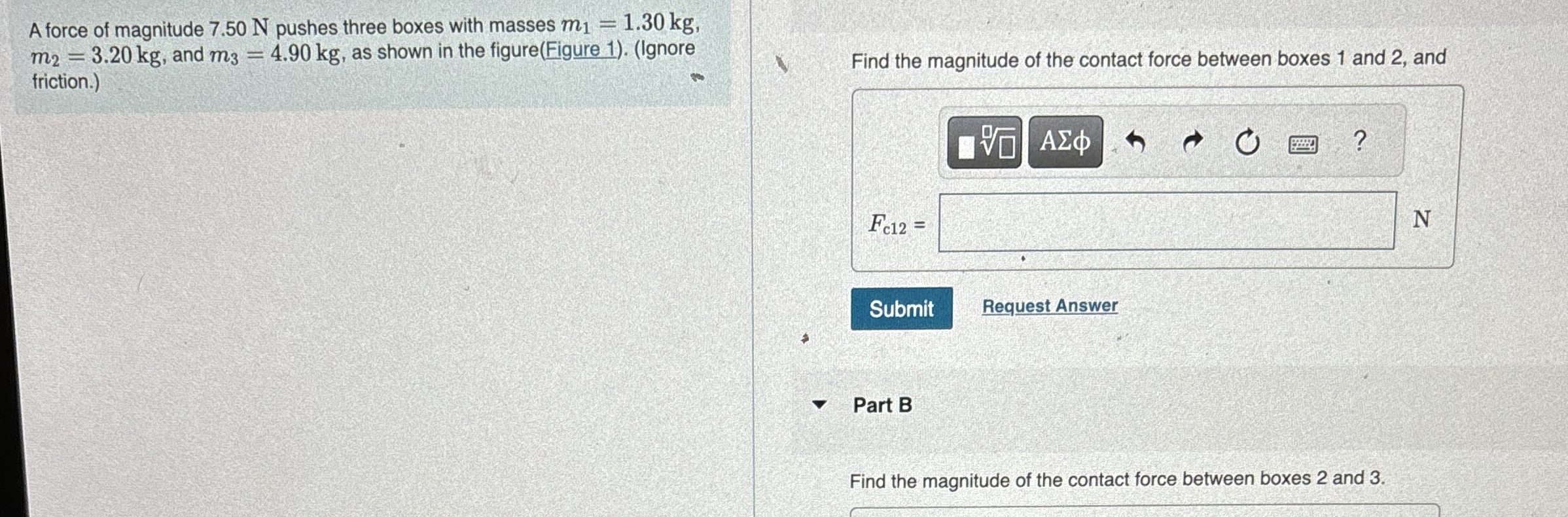 A force of magnitude 7 . 5 0 N pushes three boxes