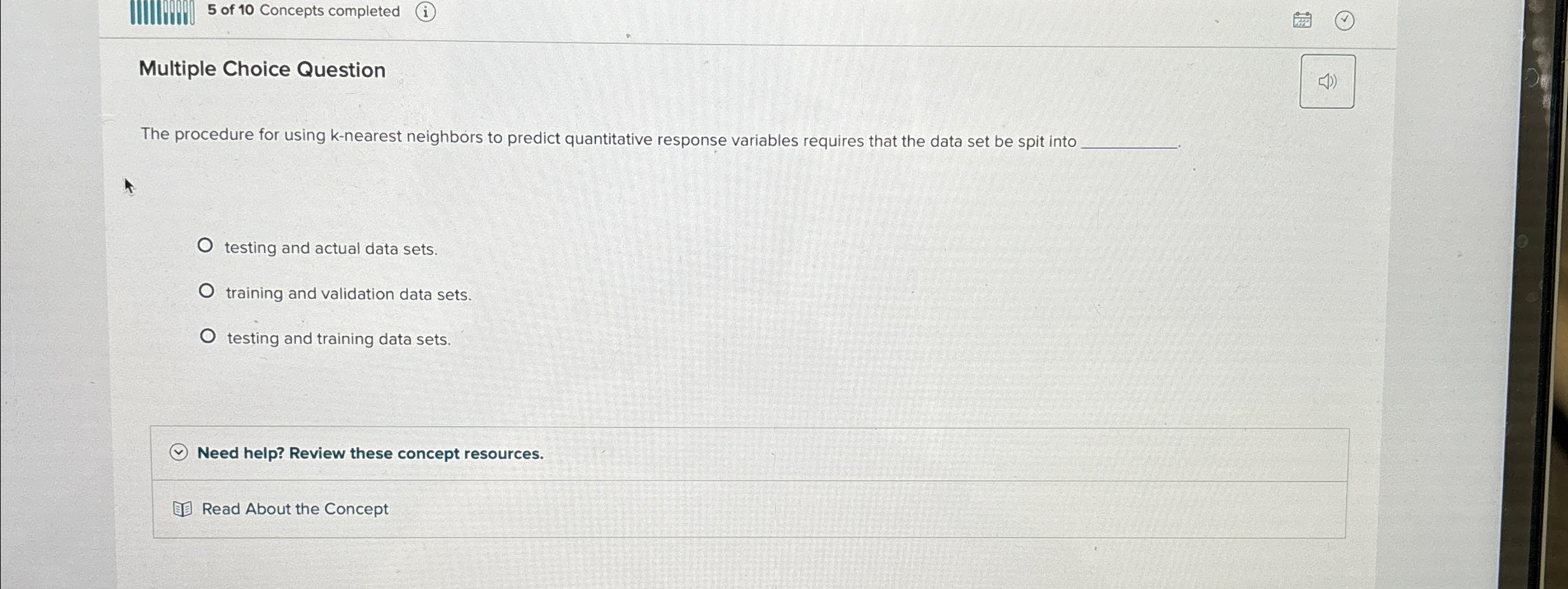 5 of 1 0 Concepts completed ( i ) Multiple Choice