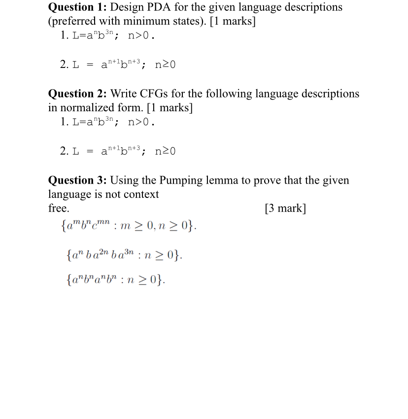 Question 1 : Design PDA for the given language
