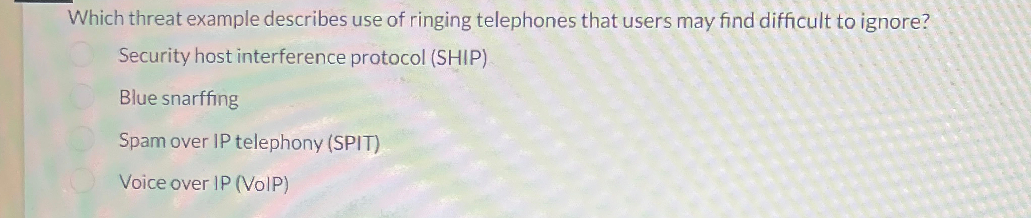 Which threat example describes use of ringing