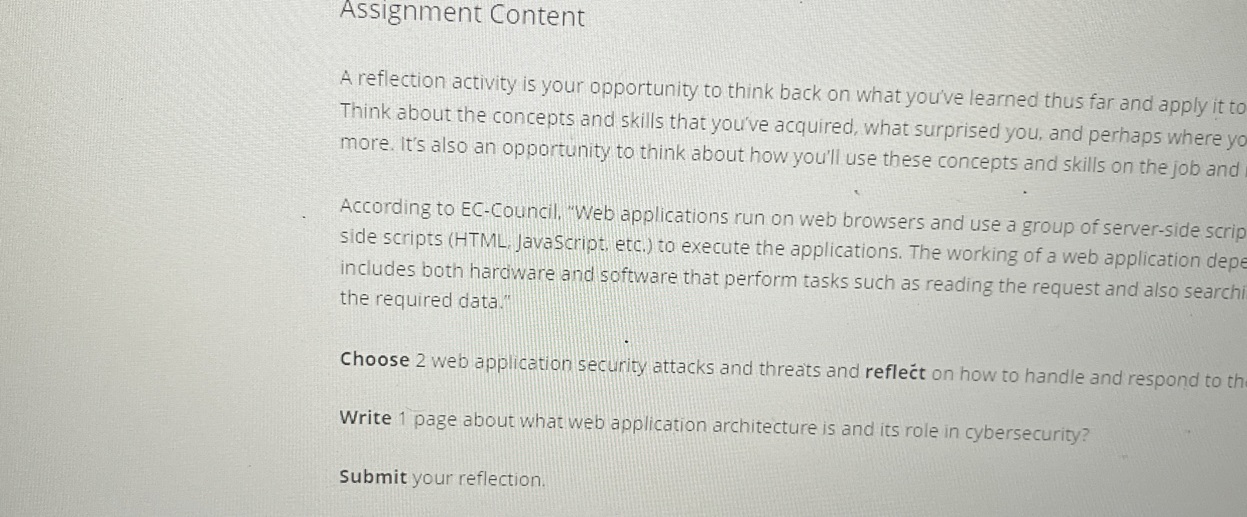 Assignment Content A reflection activity is your