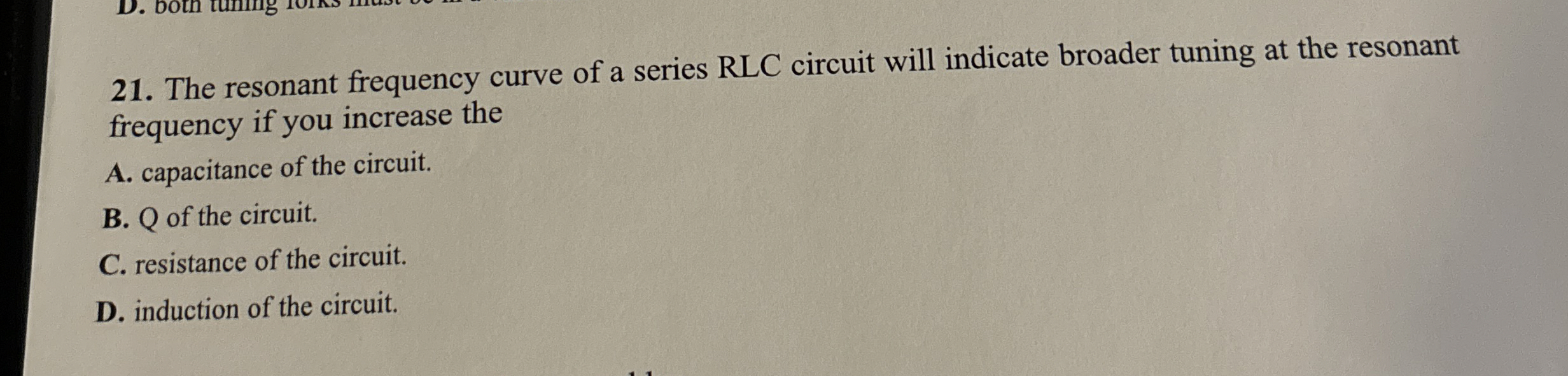 The resonant frequency curve of a series RLC