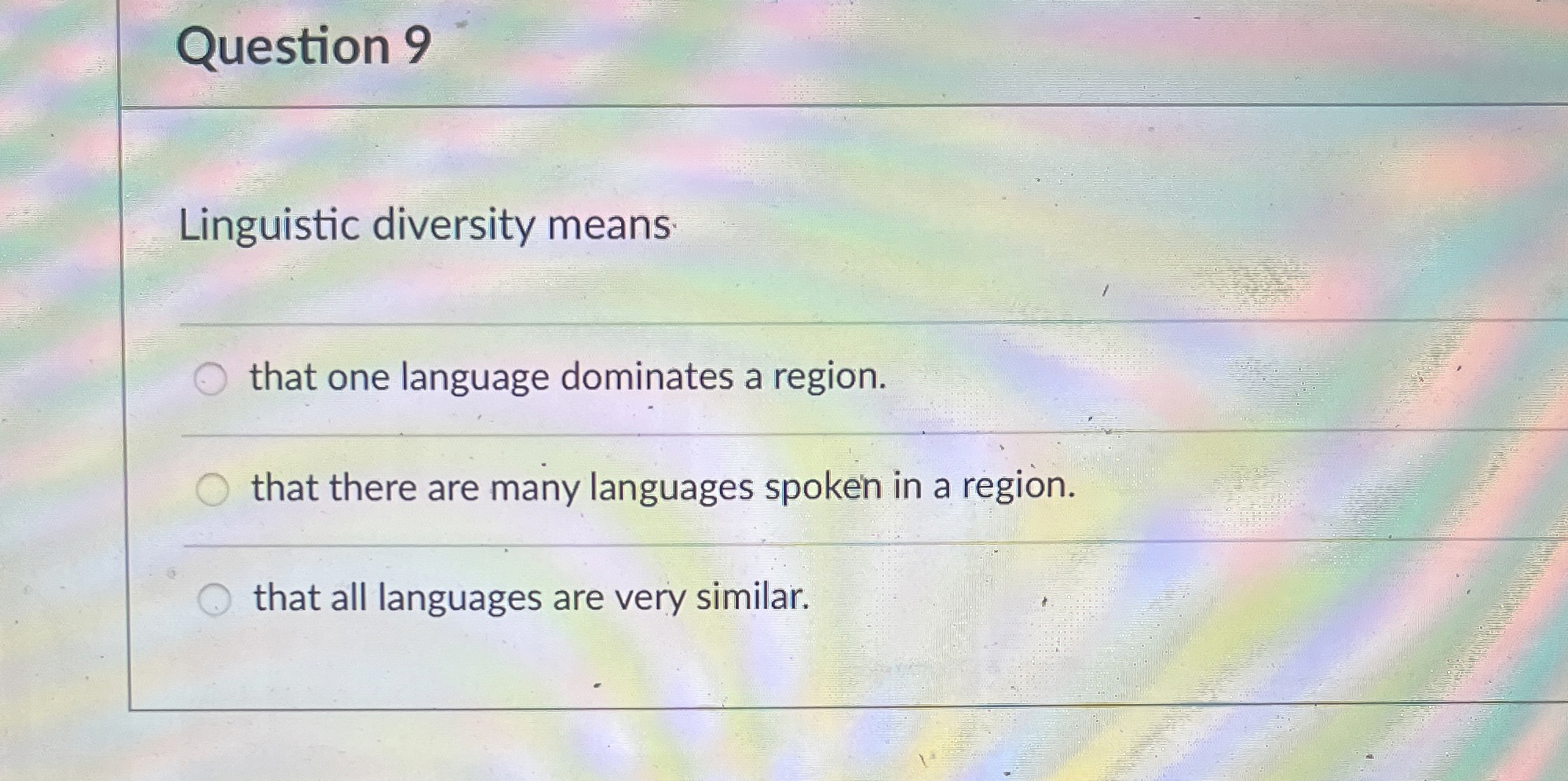 Question 9 Linguistic diversity means that one