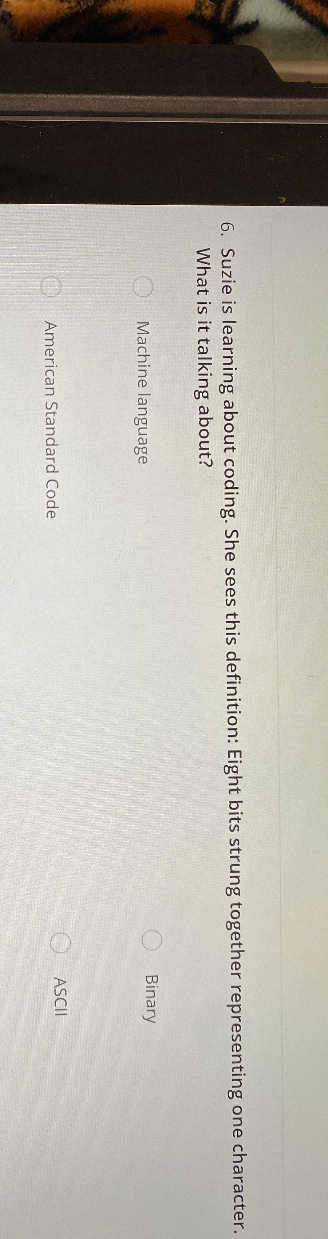 Suzie is learning about coding. She sees this