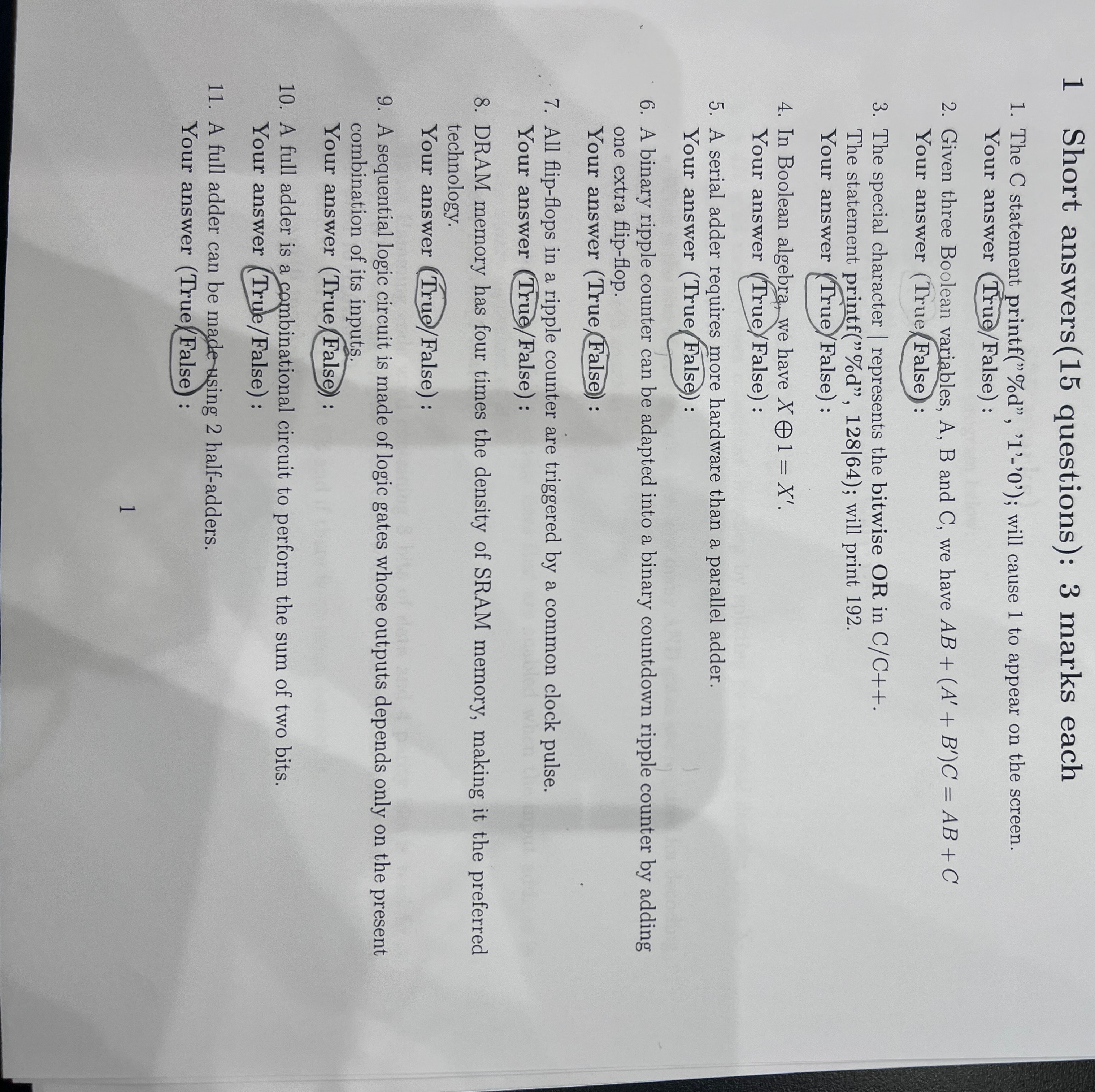 1 Short answers ( 1 5 questions ) : 3 marks each